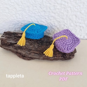 Puede incluir: Dos pequeños birretes de graduación de ganchillo, uno azul y otro morado, cada uno con una borla amarilla. Los birretes descansan sobre un trozo de madera. El texto "tappleta" y "Crochet Pattern PDF" son visibles.