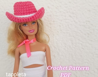 cowgirl hat crochet pattern, pink cowboy hat, small cowgirl hat pink for 11.5" doll, western style hat crochet, doll clothes, no sew pattern