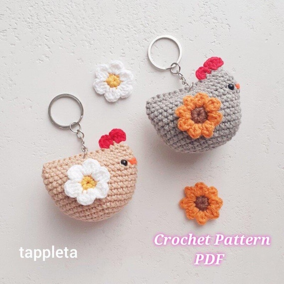 Chicken with flower keychains crochet pattern, Flower chicken summer crochet gift, Mother day keychains, Chicken lover gift, Girly accessory