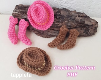 mini cowboy hat and boots crochet pattern, mini cowboy boots crochet, cowgirl hat and boots accessories or bag charm, cowboy like me taylor
