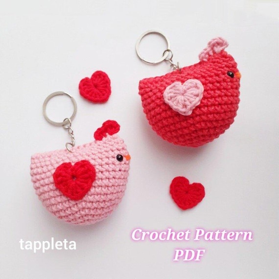 Valentine chicken keychain crochet pattern, Chicken with heart, Galentines day gift, Chicken lover gift, Pink girly accessories, Mother gift