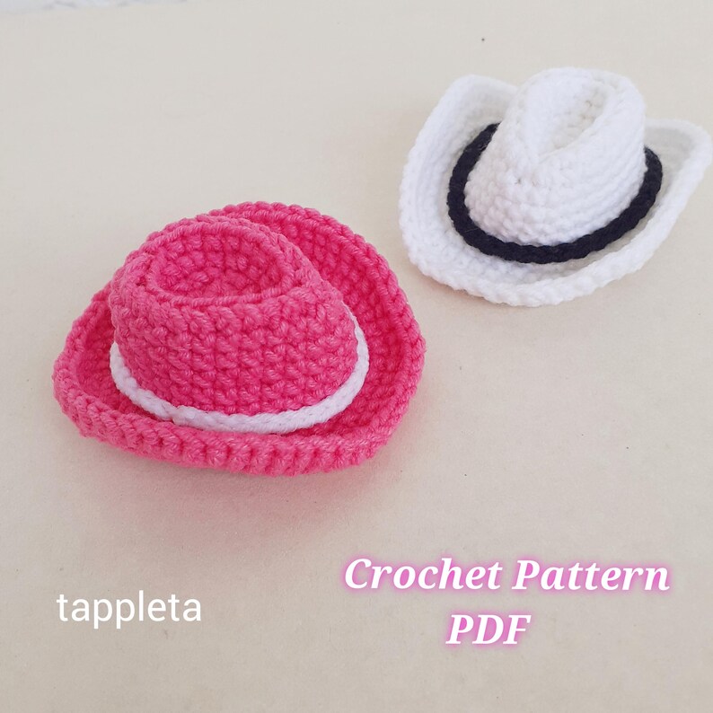 cowgirl hat crochet pattern, pink cowboy hat, small cowgirl hat pink for 11.5" doll, western style hat crochet pattern pdf, no sew pattern for beginners, barbie hat crochet, Taylor Swift cowboy like me, swiftie keychain, cowgirl bag charm, girly accessories handmade, crochet charm gift idea DIY,  cowboy car hanger, cowboy party favor, cowboy wedding favors, cowgirl room decor, cowboy garland, rodeo accessory, teacher appreciation gift, gift for friends, tappleta crochet pattern