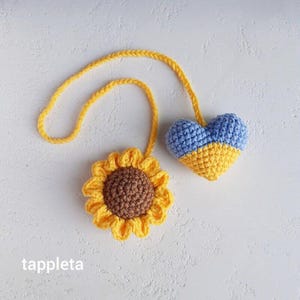 Stand with Ukraine, Blue and Yellow heart keychain, Ukraine patriotic car hanger, sunflower bag charm crochet, handmade accessory gifts, support Ukraine keychains, sunflower keychain, crochet heart keychain, birth flower gift, small gift for friends, handmade accessory, car hanger, seller ukraine, ukrainian party favors