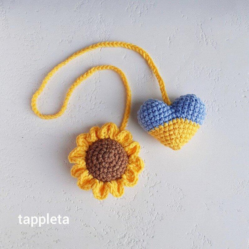 Stand with Ukraine, Blue and Yellow heart keychain, Ukraine patriotic car hanger, sunflower bag charm crochet, handmade accessory gifts, support Ukraine keychains, sunflower keychain, crochet heart keychain, birth flower gift, small gift for friends, handmade accessory, car hanger, seller ukraine, ukrainian party favors