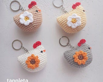 Chicken keychains, Cute chicken with daisy and sunflower, Bag charm handmade, Small plush toy, Chicken lover gift Gift for kids Gift for Mom