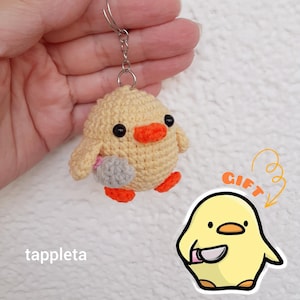 Duck with knife, Cute Duck meme gift, Small duck keychain, Car mirror hanging, Crochet small funny gift, Stuffed animal pocket toy handmade