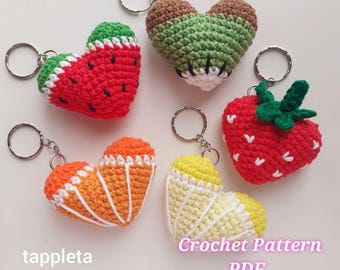 Harten sleutelhangers fruit en bessen haakpatroon, gehaakt valentijnskaart 5 in 1, amigurumi hart patroon bijpassende sleutelhanger verjaardagsfeestje gunsten