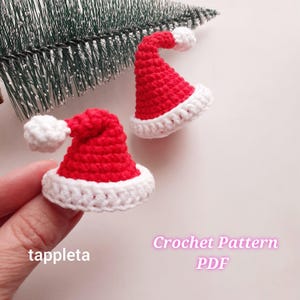 May include: Two miniature, crocheted Santa hats. The hats are red with white trim and a white pom-pom. The hats are displayed near a small, artificial Christmas tree branch. The text "Crochet Pattern PDF" is visible.
