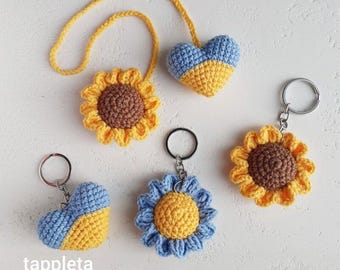 Stand with Ukraine, Blue and Yellow heart keychain, Ukraine patriotic car hanger, sunflower bag charm crochet, handmade accessory gifts