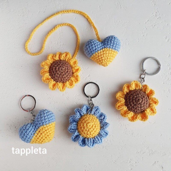 Stand with Ukraine, Blue and Yellow heart keychain, Ukraine patriotic car hanger, sunflower bag charm crochet, handmade accessory gifts