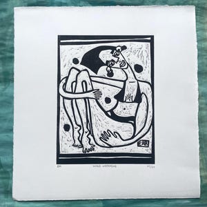 Lino Print &#39;World Watching&#39; Original Hand-printed Lino Cut