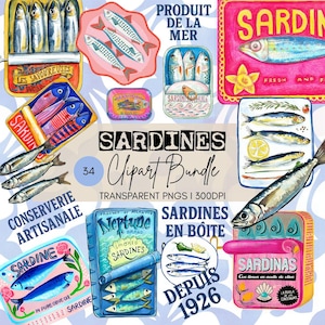 Sardines Clipart Bundle – 34 PNGs with Transparent Background | Retro Fish Can Graphics | Watercolor Sea Food Clip Art | Sardines Tin