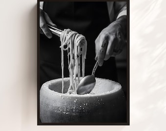 Black and White Pasta Print, Parmesan Wheel, Italian Kitchen Decor (Digital Download)
