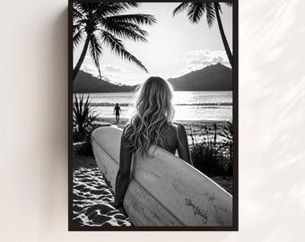 Black and White Surfer Girl Beach Print: Coastal Wall Art (Digital Download)