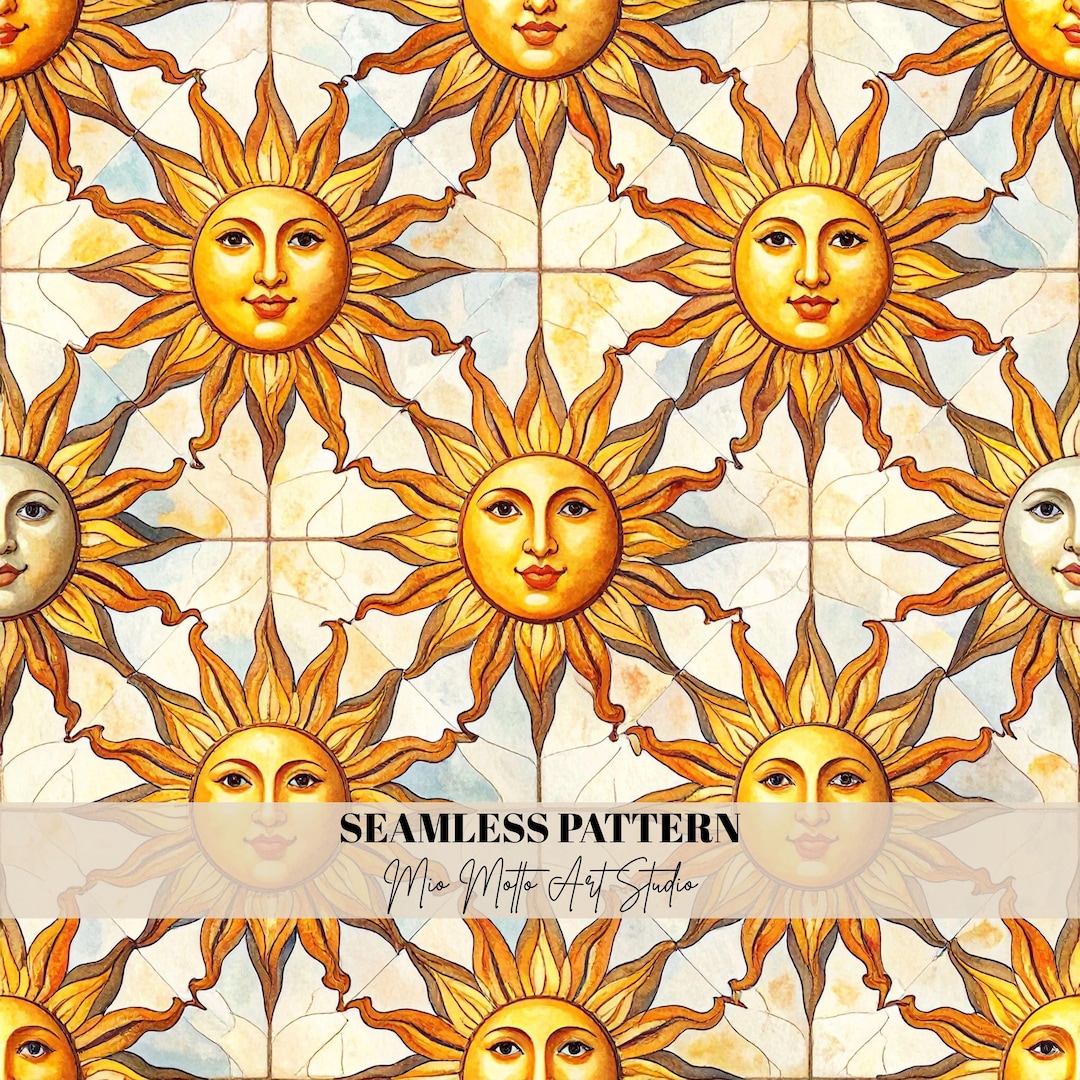 Boho Sun Face Seamless Pattern: Digital Fabric Design (5000x5000px JPG ...