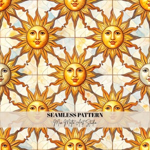 May include: A seamless pattern with repeating sun and moon faces in warm yellow and orange hues. The suns have smiling faces and radiating rays. The background has a light, tiled design. The text "SEAMLESS PATTERN" and "Mia Motto Art Studio" are at the bottom.