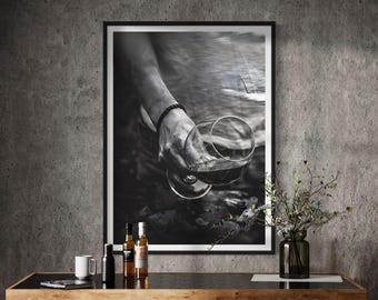 Wine Glass Photography Print: Minimalist Black and White Art (Digital Download)