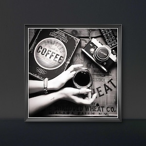 Coffee & Camera Print: Black and White Bistro Poster (Digital Download)