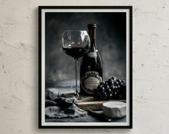 Impresión artística de bodegón con vino tinto y uvas: Decoración de cocina francesa (descarga digital)