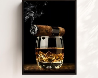 Whiskey and Cigar Digital Poster, Bar Wall Art, Whiskey Glass Print, Cigar Lounge Decor, Masculine Gift, Modern Man Cave Artwork