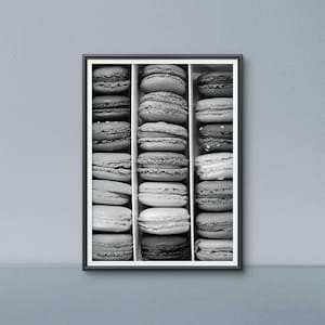 Impresión de macarrones en blanco y negro: fotografía de pastelería francesa, decoración de cocina minimalista (archivos JPEG incluidos)