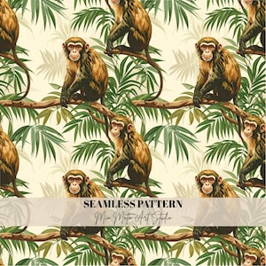Könnte beinhalten: Nahtloses Muster mit braunen Affen auf Ästen, umgeben von grünen Blättern, vor cremefarbenem Hintergrund. Das Design enthält den Text "SEAMLESS PATTERN" und "Mia Motta Art Studio".