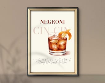May include: A framed art print featuring a watercolor illustration of a Negroni cocktail. The drink is in a rocks glass with ice and an orange peel garnish. Text includes "NEGRONI" and "CIN CIN", along with the ingredients.