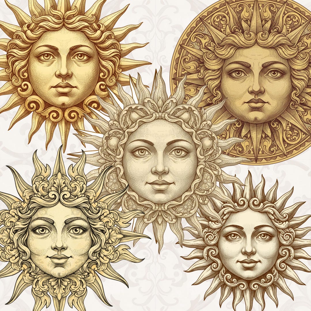 Renaissance Sun Face Clipart, Antique Engraved PNG Set (300 DPI) - Etsy