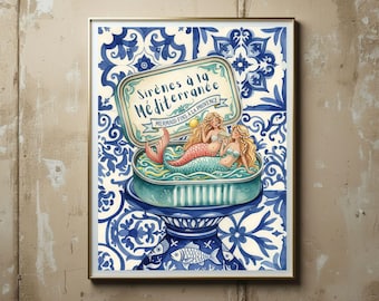 Mediterranean Mermaid Art Print | Provence Kitchen Blue Tile (Digital Download)