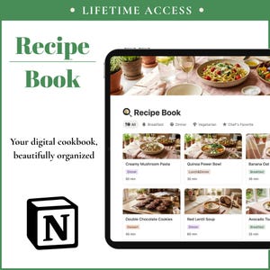 Op de afbeelding: Een digitale tablet met een receptenboek-interface met de tekst "LIFETIME ACCESS", "Recipe Book" en "Your digital cookbook, beautifully organized". Het scherm toont diverse voedselfoto's, maaltijdcategorieën en het Notion-logo.