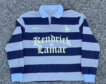 Kendrick Lamar (Duckworth)" Navy Blue & Grey Striped Polo Rugby Sweatshirt (Blank Version Available too)