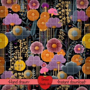 May include: A digital art floral pattern featuring stylized flowers in shades of orange, purple, yellow, and pink against a black background. The design includes geometric elements and the text "Hand drawn" and "Instant download".
