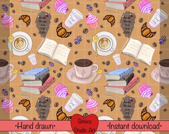Naadloos koffie- en boekenpatroon: digitaal papier voor textielbedrukking (300 dpi)