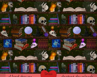 Halloween Bookshelf Seamless Pattern: Witchy Digital Paper (300 DPI)