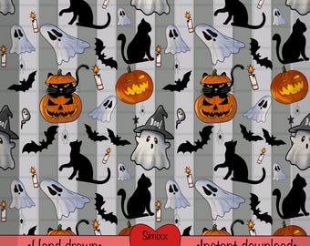 Spooky Halloween Seamless Pattern: Black Cats, Ghosts (Digital Download, Commercial Use License)