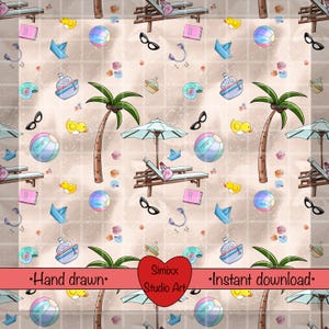 May include: A repeating pattern featuring beach-themed illustrations. The design includes palm trees, beach balls, sunglasses, paper boats, and lounge chairs with umbrellas. The text "Hand drawn" and "Instant download" are also present.