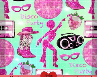 Glittery Disco Cowgirl Party Clipart – Pink Disco Boots, Cowboy Hat, Cassette Player, Disco Cocktails & Dancing Girl PNG