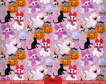 Kawaii Halloween Seamless Pattern: Pastel Ghosts, Pumpkins (Digital Download, Commercial Use License)