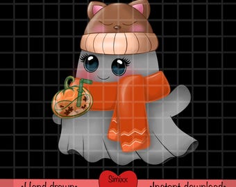 Fantasma Kawaii PNG: Sombrero de gato, Latte de calabaza y especias (Descarga digital, Clipart de 300 DPI)