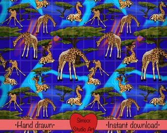 Giraffe Safari Seamless Pattern: Digital Paper, Fabric Design (Digital Download)