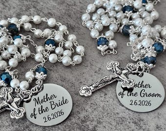 Personalized Mother of Bride and Groom Gift: Catholic Wedding Rosaries Pearl and Blue Beads