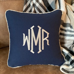 Personalized Pillow 16 x 16 Navy Blue Canvas with Natural Piping Invisible Zipper Sofa Throw Pillow Monogram or Letter Initial image 3