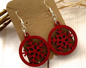 Wood Earrings - Christmas Jewelry for Her - Red Snowflake with Sterling Silver Hooks - Lightweight Dangle - 1/8 Inch Stained Birch