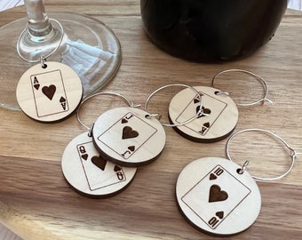 Wine Charms - Laser Engraved Wood - Royal Flush - Set of Five - Poker Party Favor - Bar Accessory - Gift for Wine Lover - Card Night