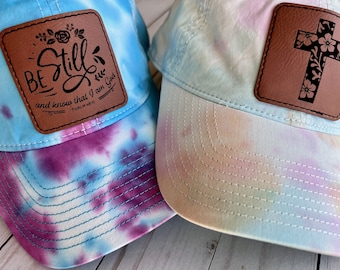 Christian Hats for Women - Tie Dye Cap - Faux Leather Patch - Laser Engraved - Cross Hat - Easter Gift for Her -  Gift for Church Group