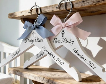 Personalized Baptism Gown Hanger: Laser Engraved White Wood Christening Keepsake