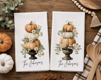 Personalized Fall Kitchen Towels: Decorative Pumpkin Topiaries