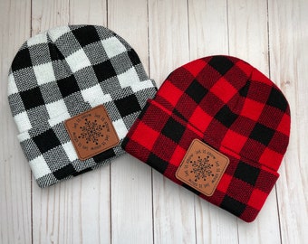 Buffalo Plaid Beanie - Knit Hat - Red and Black - Faux Leather Patch - Let it Snow - Gift for Her Under 20 - Winter Hat - Cold Weather