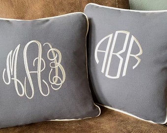 Monogram Pillow - 16 x 16 - Solid Gray - Choice of Monograms - Natural Canvas with Piping - Invisible Zipper - Sofa Throw Pillow - Dorm