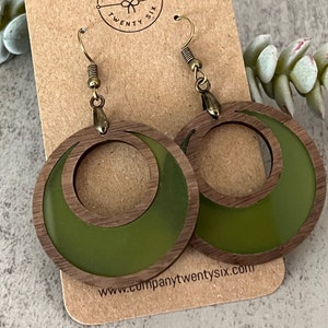 Wood and Acrylic Dangle Hoop Earrings Translucent Frosted Acrylic Inlay Green Fall Earrings Lightweight Earrings Gift for Mom image 3